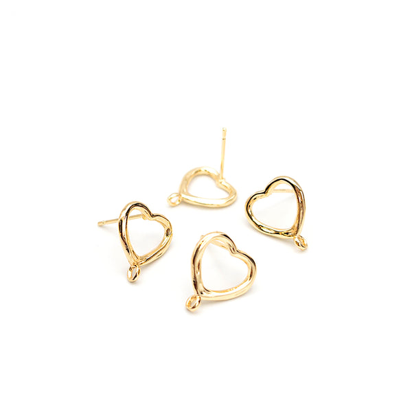 Small Open Heart Stud Earring Findings with 14K Gold Plating, Earring Findings for Jewelry Making, Lead & Nickel Free, Buy USA, 10 Pieces