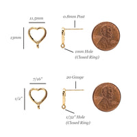 Small Open Heart Stud Earring Findings with 14K Gold Plating, Earring Findings for Jewelry Making, Lead & Nickel Free, Buy USA, 10 Pieces