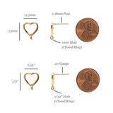 Small Open Heart Stud Earring Findings with 14K Gold Plating, Earring Findings for Jewelry Making, Lead & Nickel Free, Buy USA, 10 Pieces