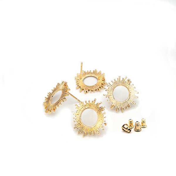 Sun Stud Earring Findings with Loop, Textured Round Earring Components, Lead & Nickel Free with 18K Gold Plated, WHOLESALE, 10 Pieces