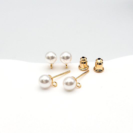 Pearl Earring Studs, 10PCs White Imitation Pearl Earring Findings with 925 Silver Posts in 18K Gold Plating, 6mm for DIY Jewelry making
