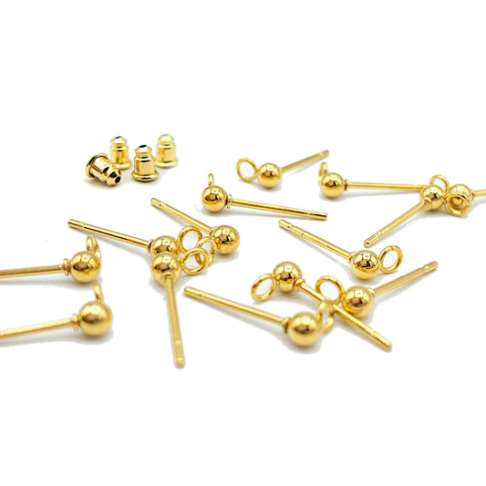 Ball Stud Earring Findings, 10PCs+ Hypoallergenic Steel Ball Earring Post with Attach Loop in Anti-tarnish 18K Gold for DIY Earring Making