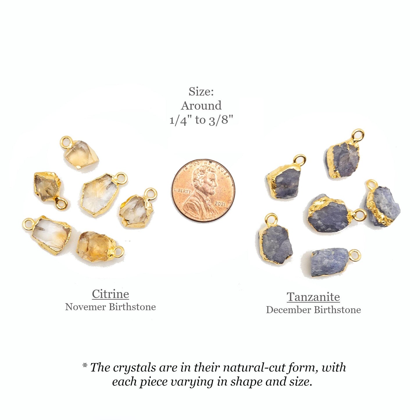 Raw Gemstone Pendants, 2PCs Rough Cut Birthstone Charm with 24K Gold Plated, for DIY Personalized Birthstone Jewelry Gifts & Crafting