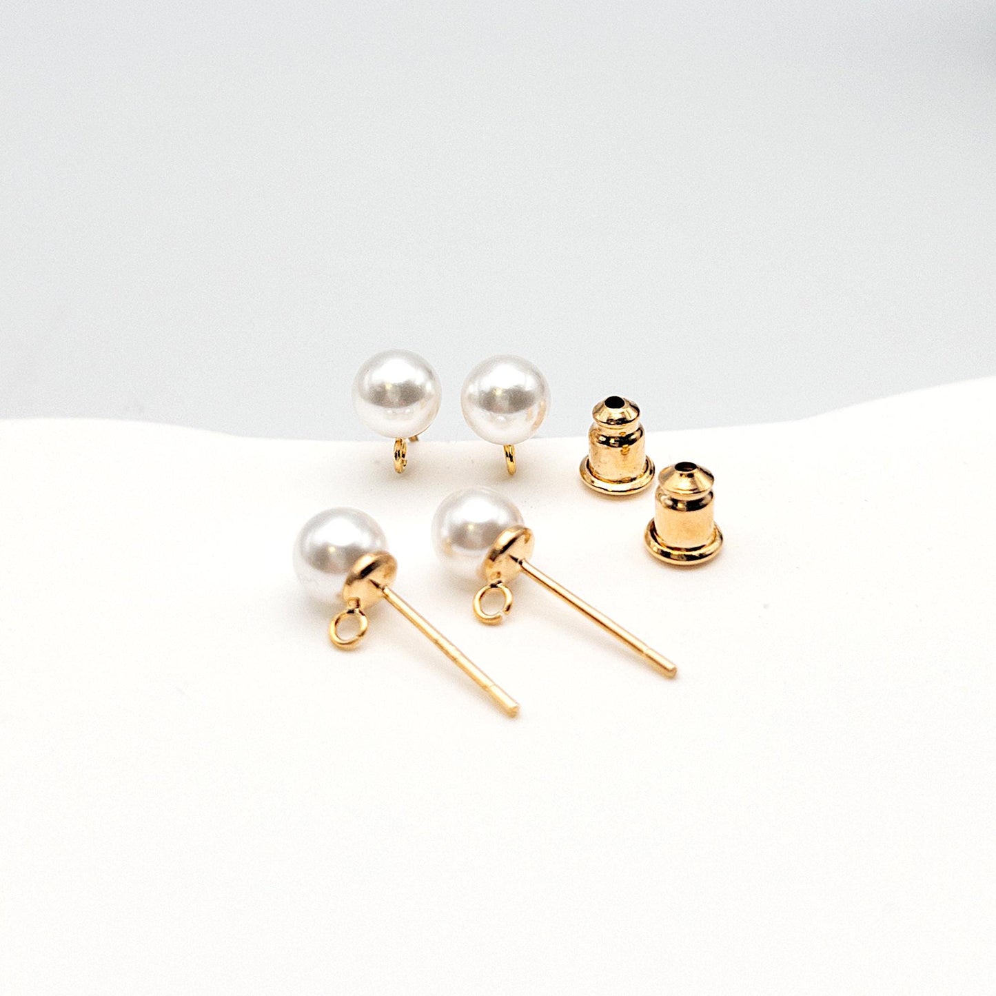 Pearl Earring Studs, 10PCs White Imitation Pearl Earring Findings with 925 Silver Posts in 18K Gold Plating, 6mm for DIY Jewelry making