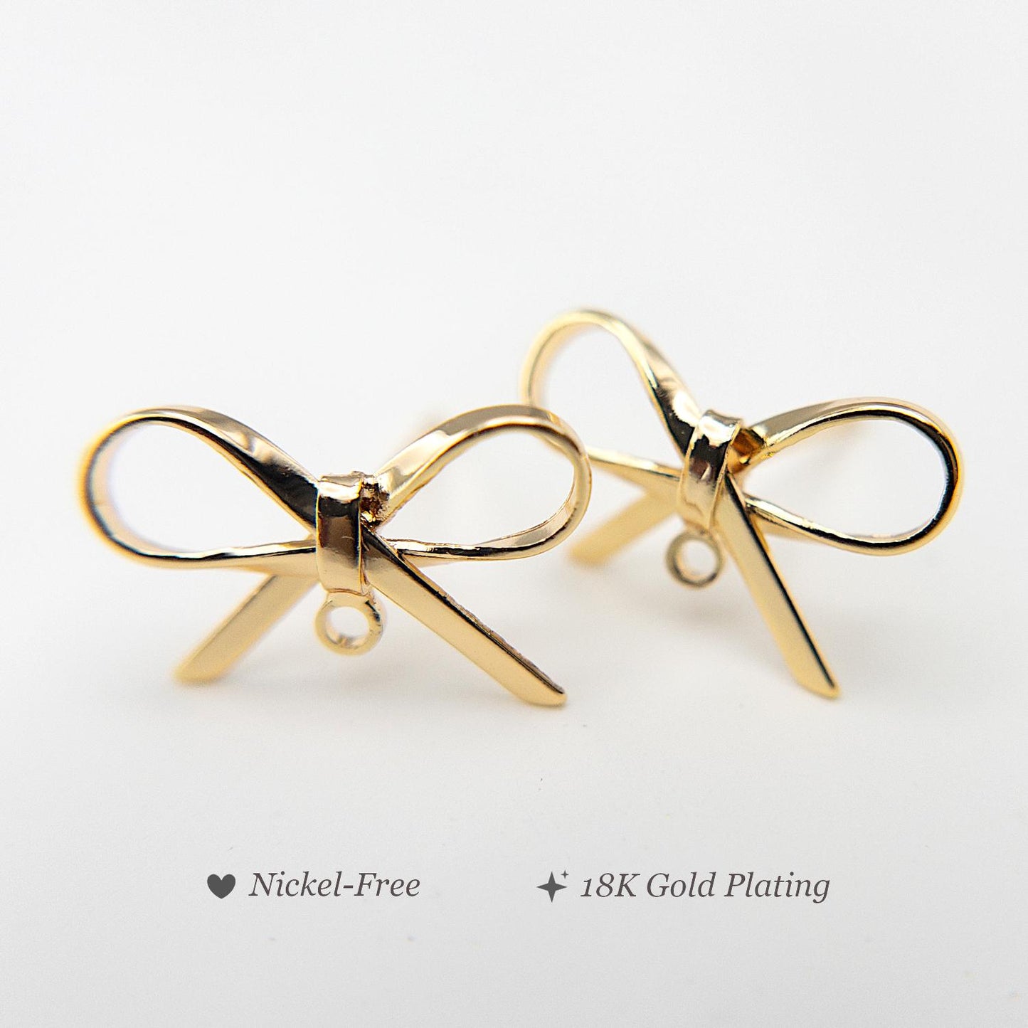 Bow Studs, 10 PCs+ Ribbon Bow Earring Findings in 18K Gold for DIY Earrings, Nickel Free, Gold Bow Studs with Loop Jewelry Making, US Seller
