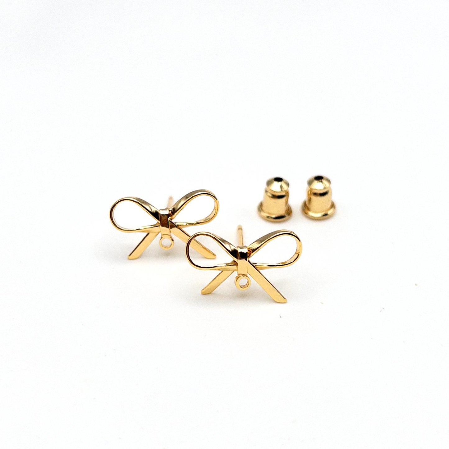 Bow Studs, 10 PCs+ Ribbon Bow Earring Findings in 18K Gold for DIY Earrings, Nickel Free, Gold Bow Studs with Loop Jewelry Making, US Seller