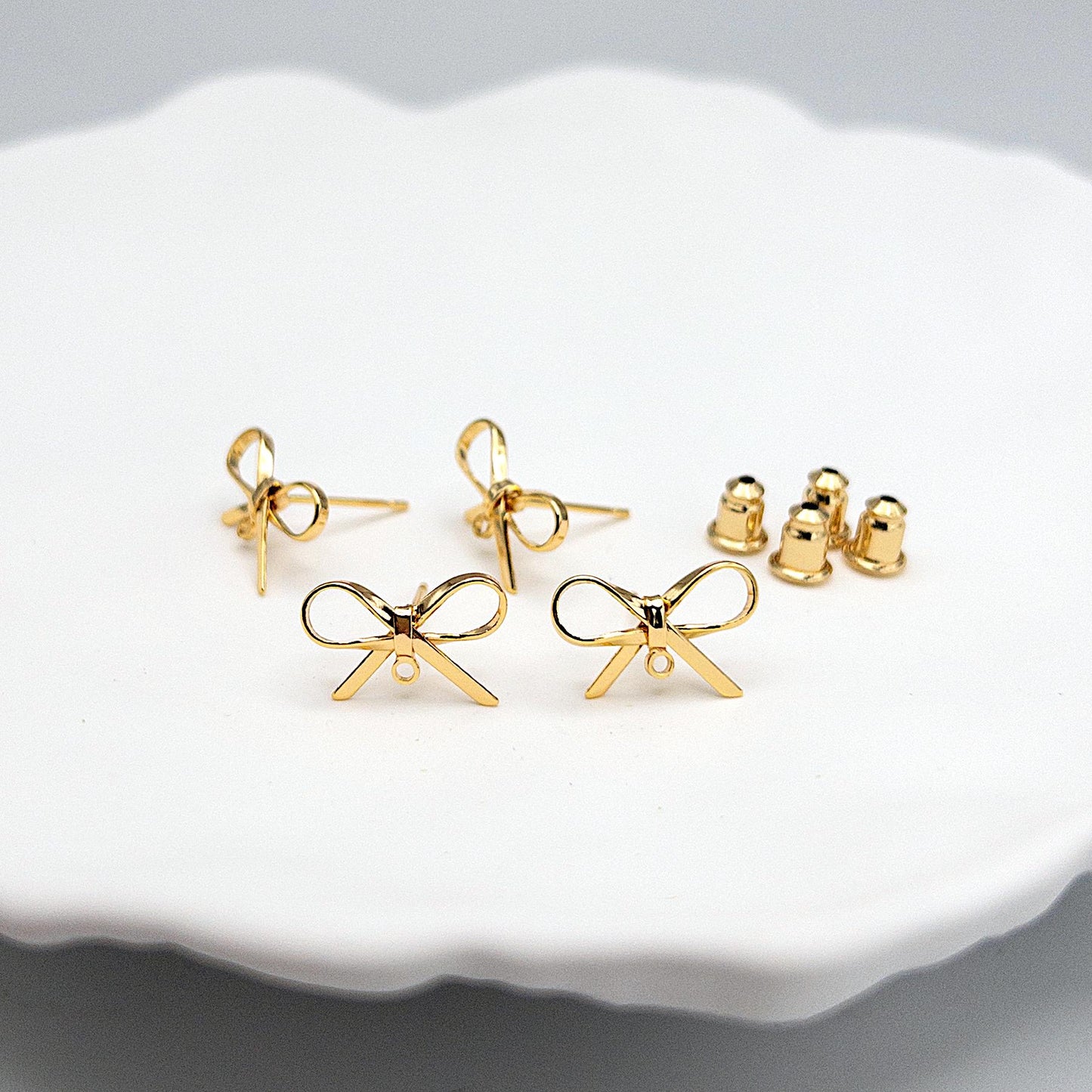 Bow Studs, 10 PCs+ Ribbon Bow Earring Findings in 18K Gold for DIY Earrings, Nickel Free, Gold Bow Studs with Loop Jewelry Making, US Seller