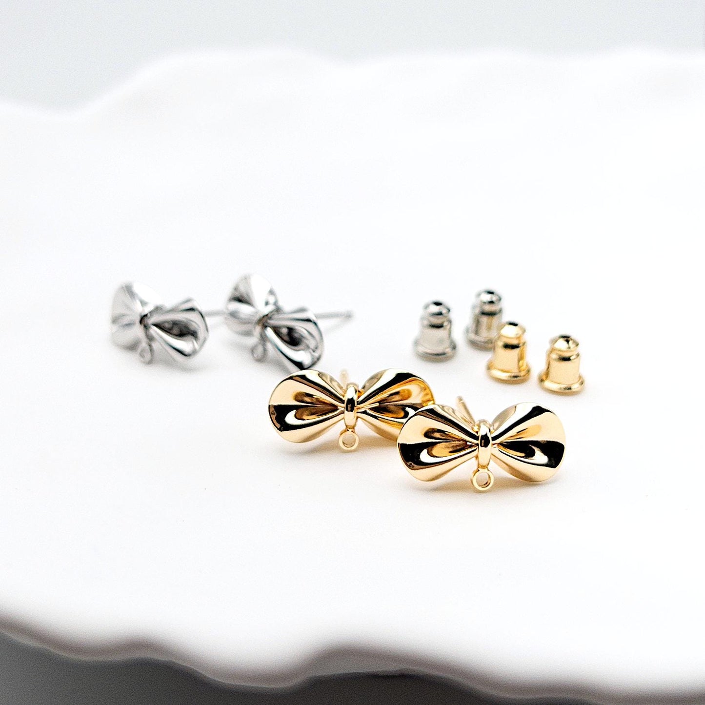 Bowknot Earring Findings, 10+ Pcs Bow Tie Posts in 18K Gold for DIY Earrings, Nickel Free, Bow Studs with Loop Jewelry Making, US Seller