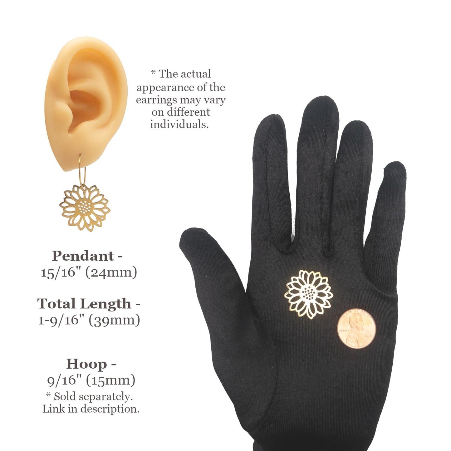 Sunflower Pendant Jewelry Connector, 2PCs+ Open Hypoallergenic Steel Charm in PVD Gold Plating, Nature Charm for Jewelry Making and Crafting