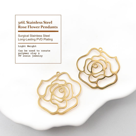 Rose Flower Charms, 2PC Allergy Free Stainless Steel Open Rose Charms in Long-lasting and Waterproof 18K Gold PVD Plating for DIY Jewelry