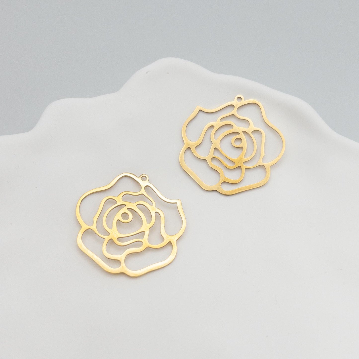 Rose Flower Charms, 2PC Allergy Free Stainless Steel Open Rose Charms in Long-lasting and Waterproof 18K Gold PVD Plating for DIY Jewelry