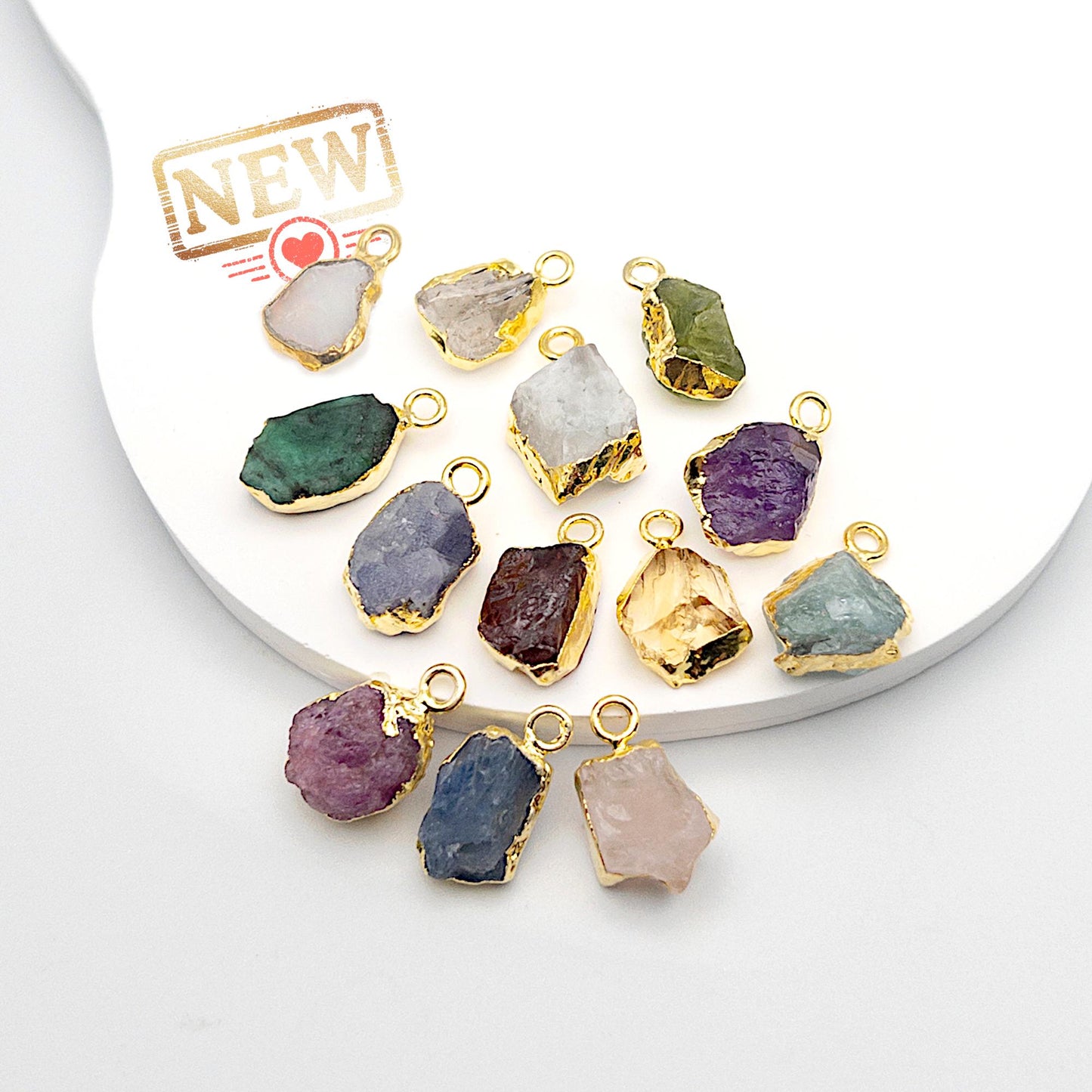 Raw Gemstone Pendants, 2PCs Rough Cut Birthstone Charm with 24K Gold Plated, for DIY Personalized Birthstone Jewelry Gifts & Crafting