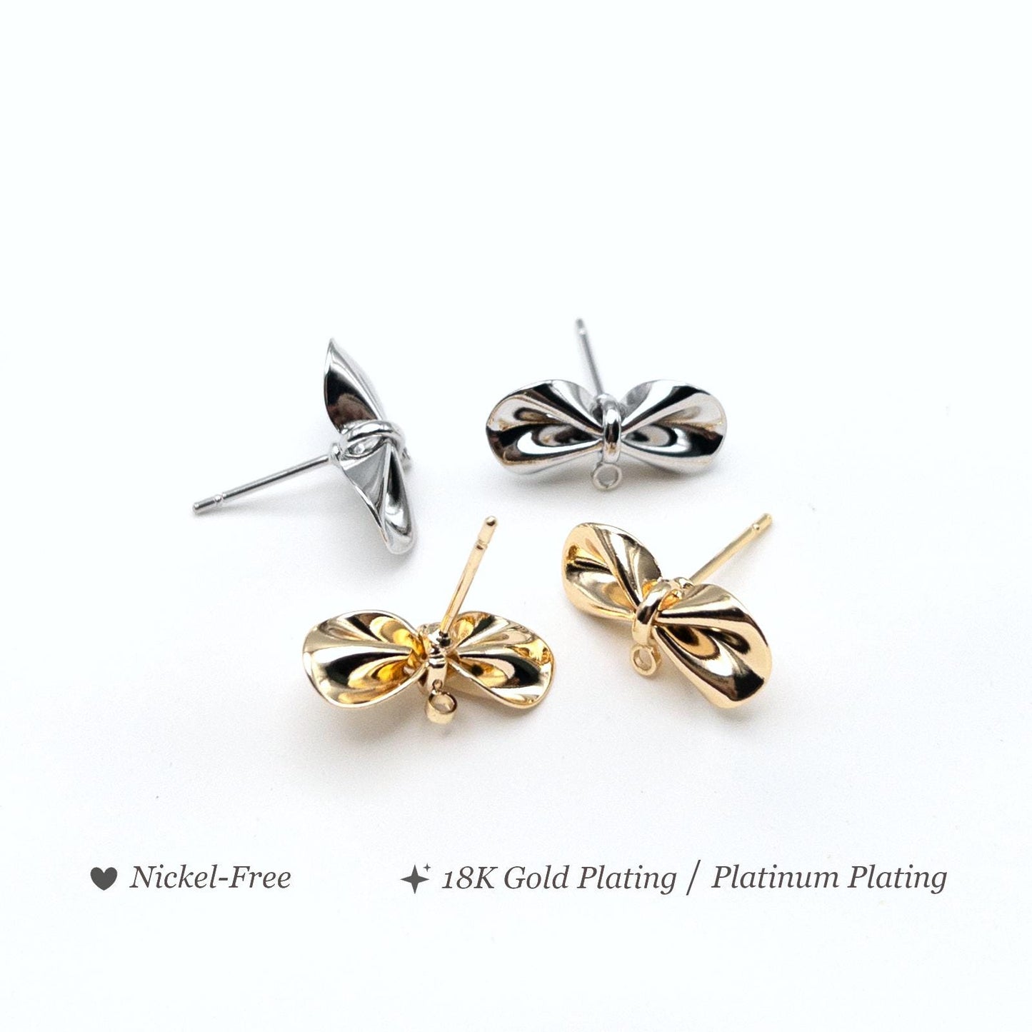 Bowknot Earring Findings, 10+ Pcs Bow Tie Posts in 18K Gold for DIY Earrings, Nickel Free, Bow Studs with Loop Jewelry Making, US Seller