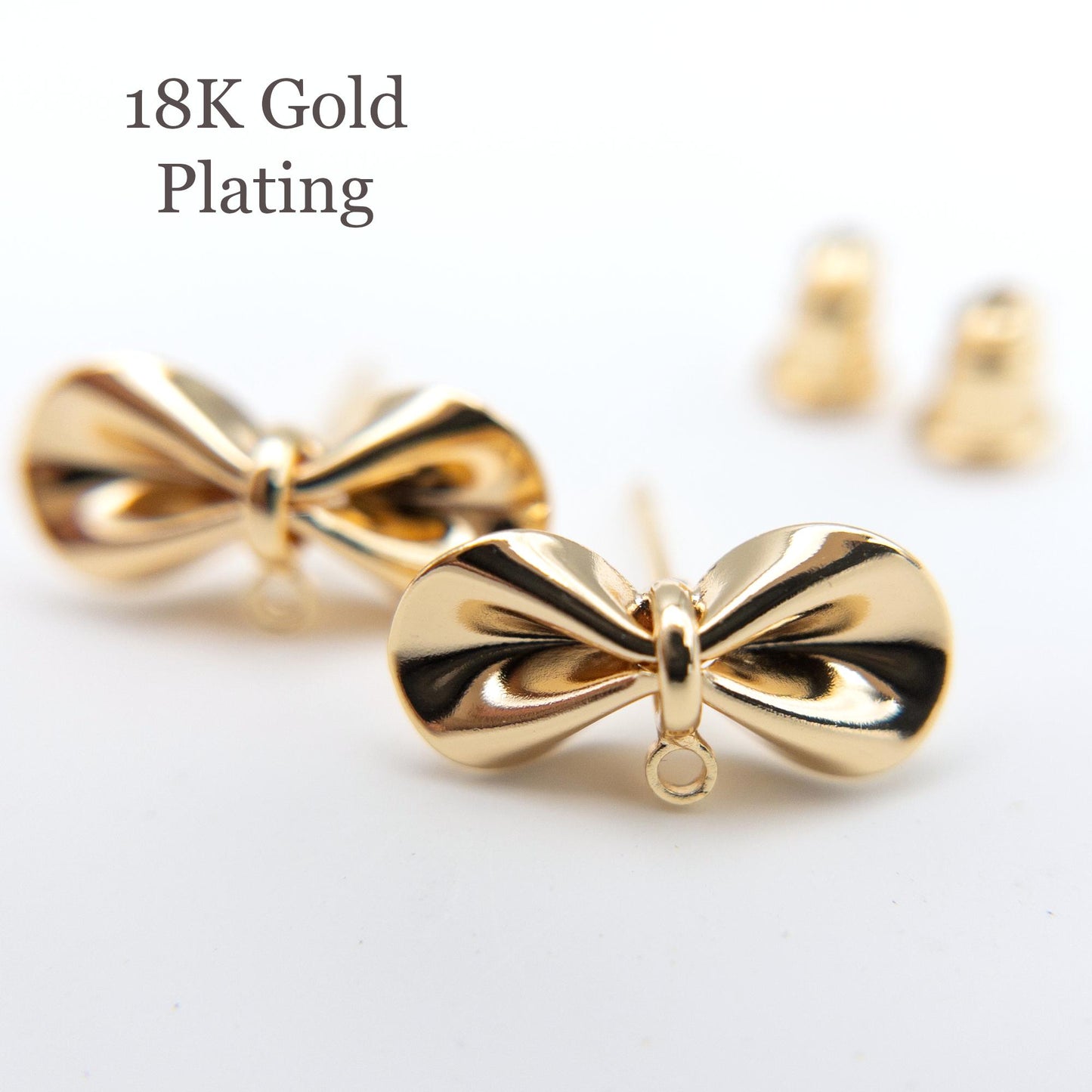 Bowknot Earring Findings, 10+ Pcs Bow Tie Posts in 18K Gold for DIY Earrings, Nickel Free, Bow Studs with Loop Jewelry Making, US Seller