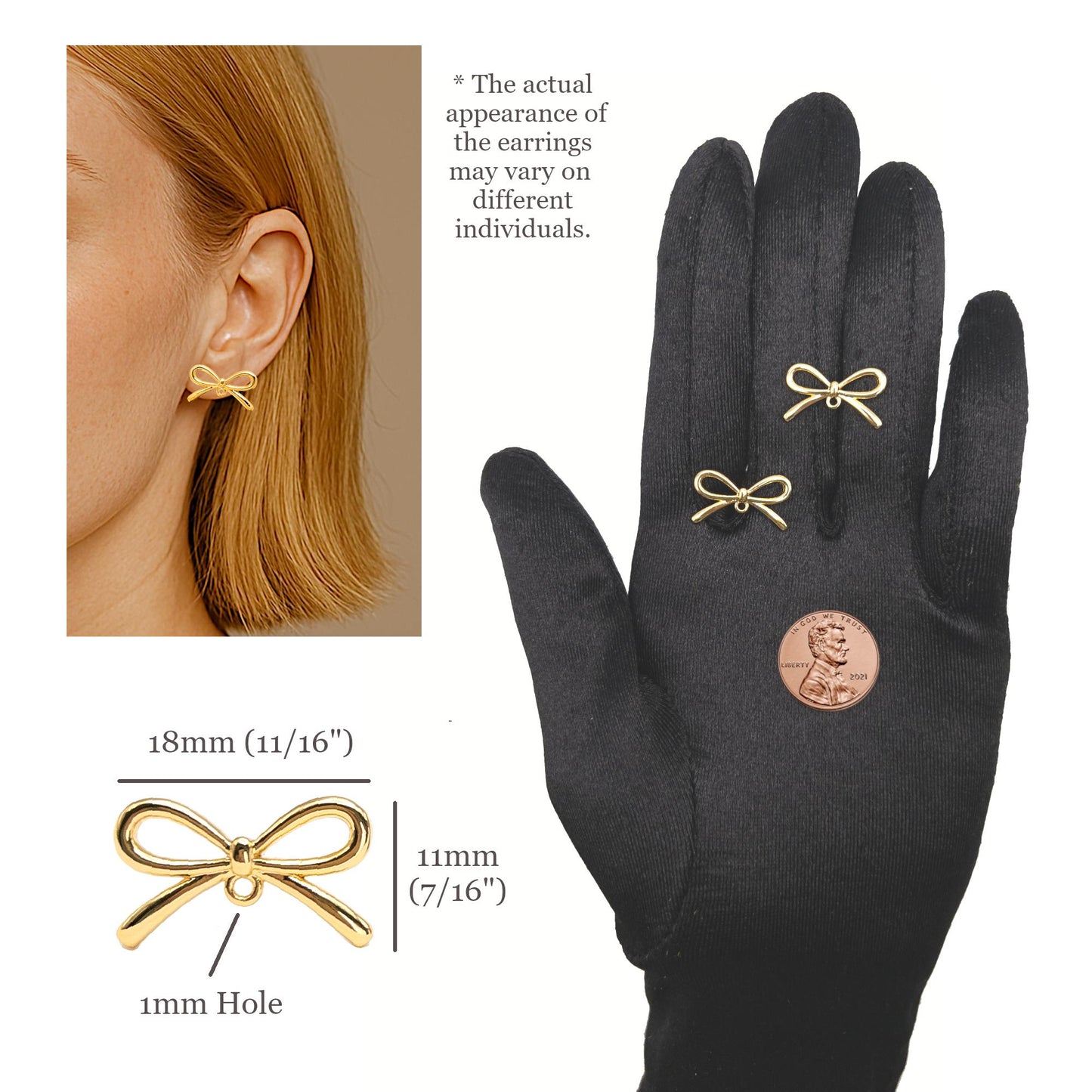 Gold Bow Studs, 10 Pcs+ Ribbon Bow Earring Findings in 18K Gold Plating, Gold Bow Earrings with Loop for Earring Making, Nickel Free, US Seller