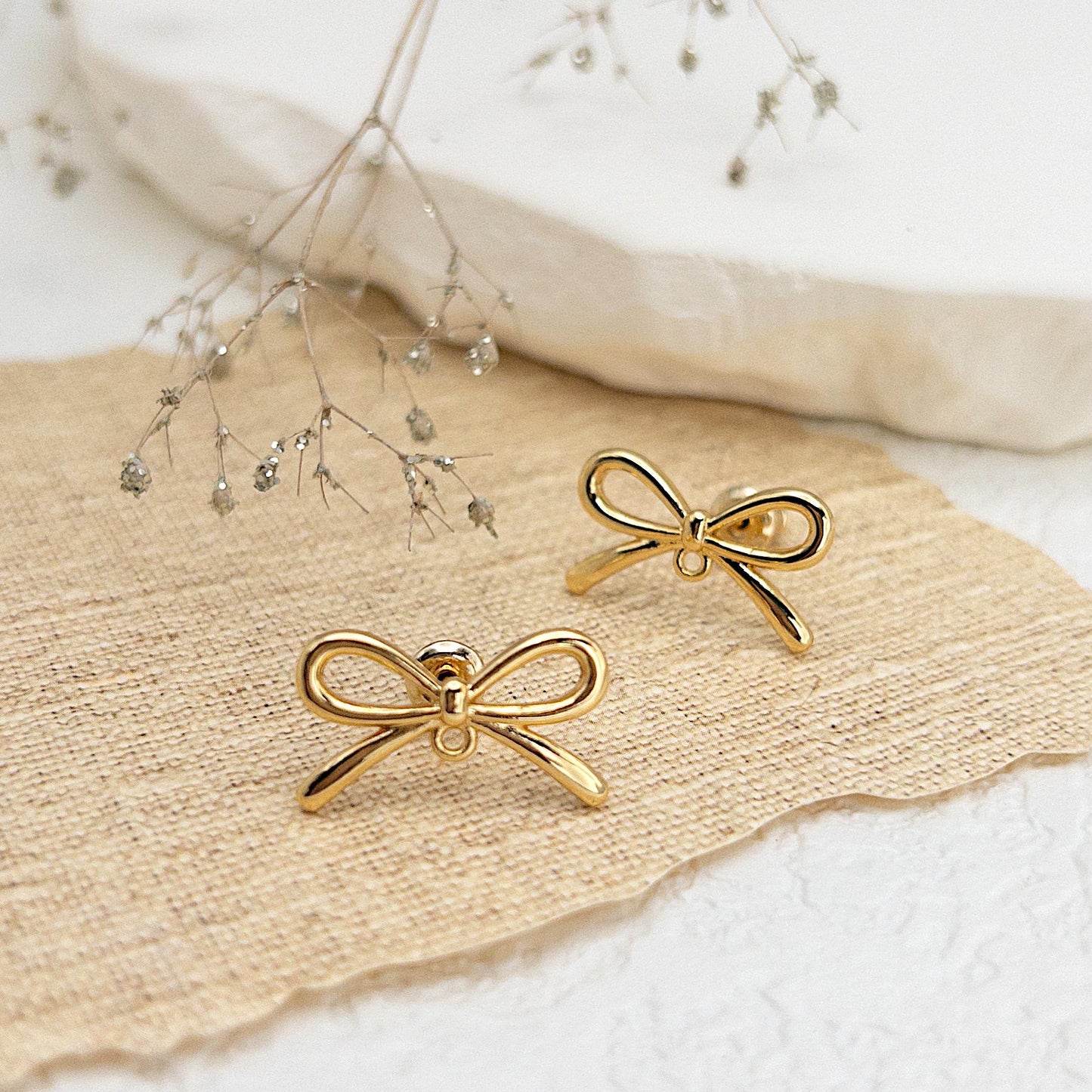 Gold Bow Studs, 10 Pcs+ Ribbon Bow Earring Findings in 18K Gold Plating, Gold Bow Earrings with Loop for Earring Making, Nickel Free, US Seller