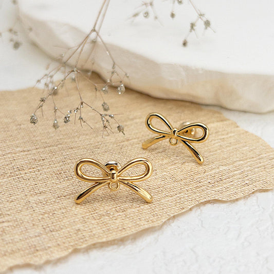 Gold Bow Studs, 10 Pcs+ Ribbon Bow Earring Findings in 18K Gold Plating, Gold Bow Earrings with Loop for Earring Making, Nickel Free, US Seller