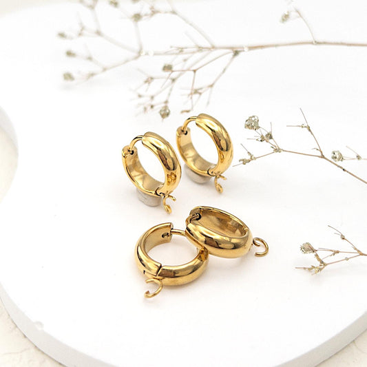 Chunky Hoop Earring Findings, 10PCs+ Hypoallergenic Surgical Steel in Anti-tarnish 18K Gold PVD Plating, Hoop Earrings with Loop for DIY