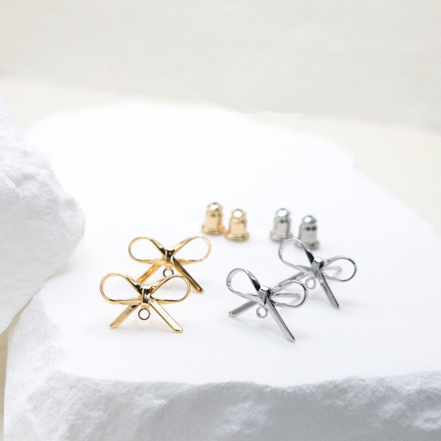 Bow Studs, 10 PCs+ Ribbon Bow Earring Findings in 18K Gold for DIY Earrings, Nickel Free, Gold Bow Studs with Loop Jewelry Making, US Seller