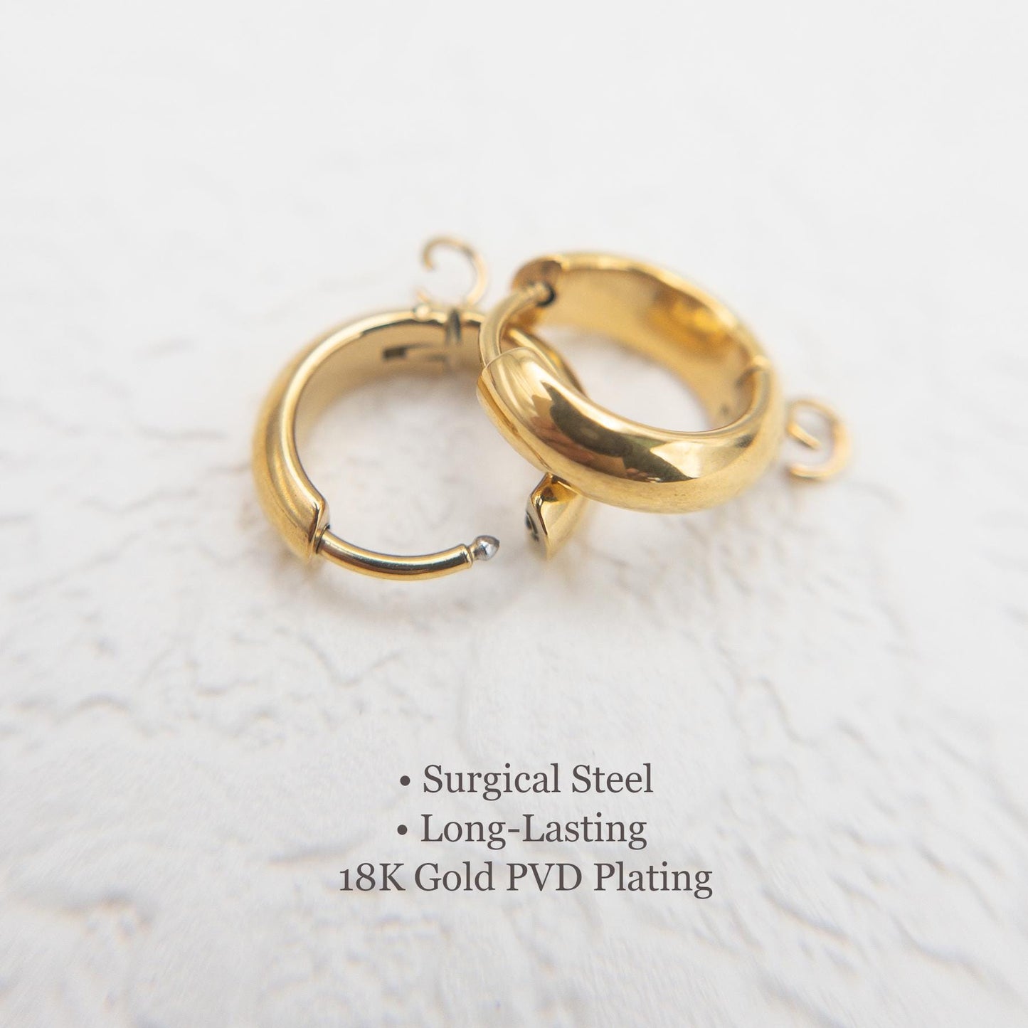 Chunky Hoop Earring Findings, 10PCs+ Hypoallergenic Surgical Steel in Anti-tarnish 18K Gold PVD Plating, Hoop Earrings with Loop for DIY