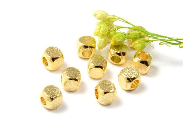 Brushed Cube Jewelry Beads in 22K GOLD Plating, 4mm with 2.5mm Hole, 100 Pieces per Order, CLEARANCE (B002BG-4MM)