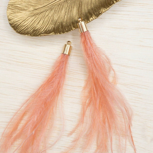 Ostrich Feather Jewelry Tassel in CORAL PINK for Jewelry Making and Crafts, 2 PCs (FOBS001-CPK) - UniqueBeadsNY