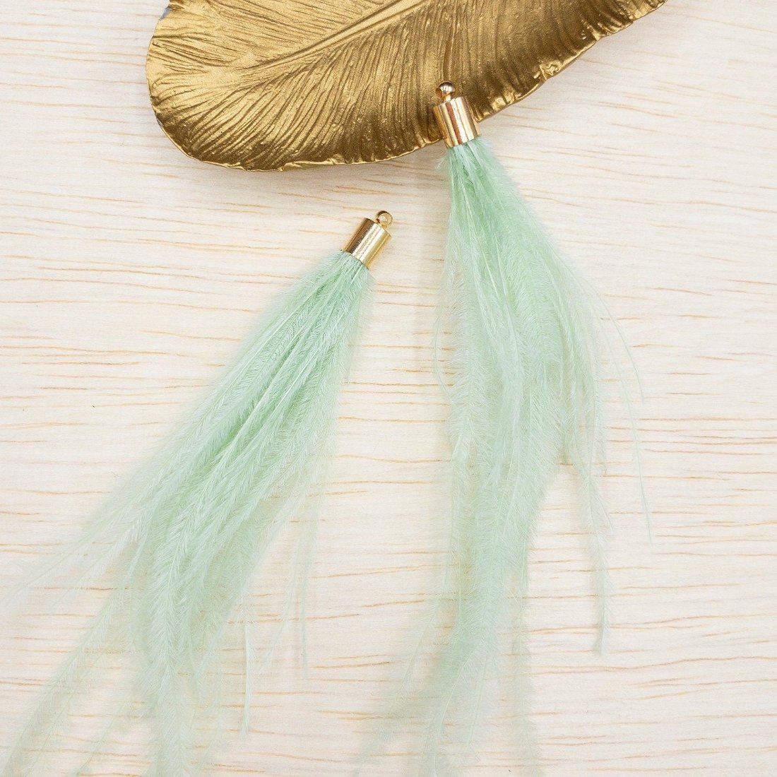 Ostrich Feather Jewelry Tassel in LIGHT GREEN for Jewelry Making and Crafts, 2 PCs (FOBS001-LG) - UniqueBeadsNY