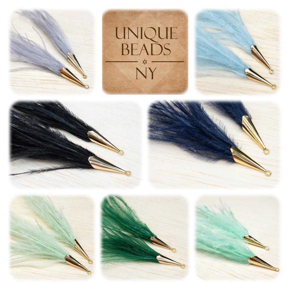 Ostrich Feather Jewelry Tassel Pendants in LIGHT BLUE with Gold Cone Cap for Jewelry Making and Crafts, 2 PCs (FOC001-LB) - UniqueBeadsNY