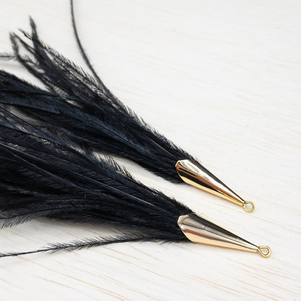 Ostrich Feather Jewelry Tassel Pendants in BLACK with Gold Cone Cap for Jewelry Making and Crafts, 2 PCs (FOC001-BK)