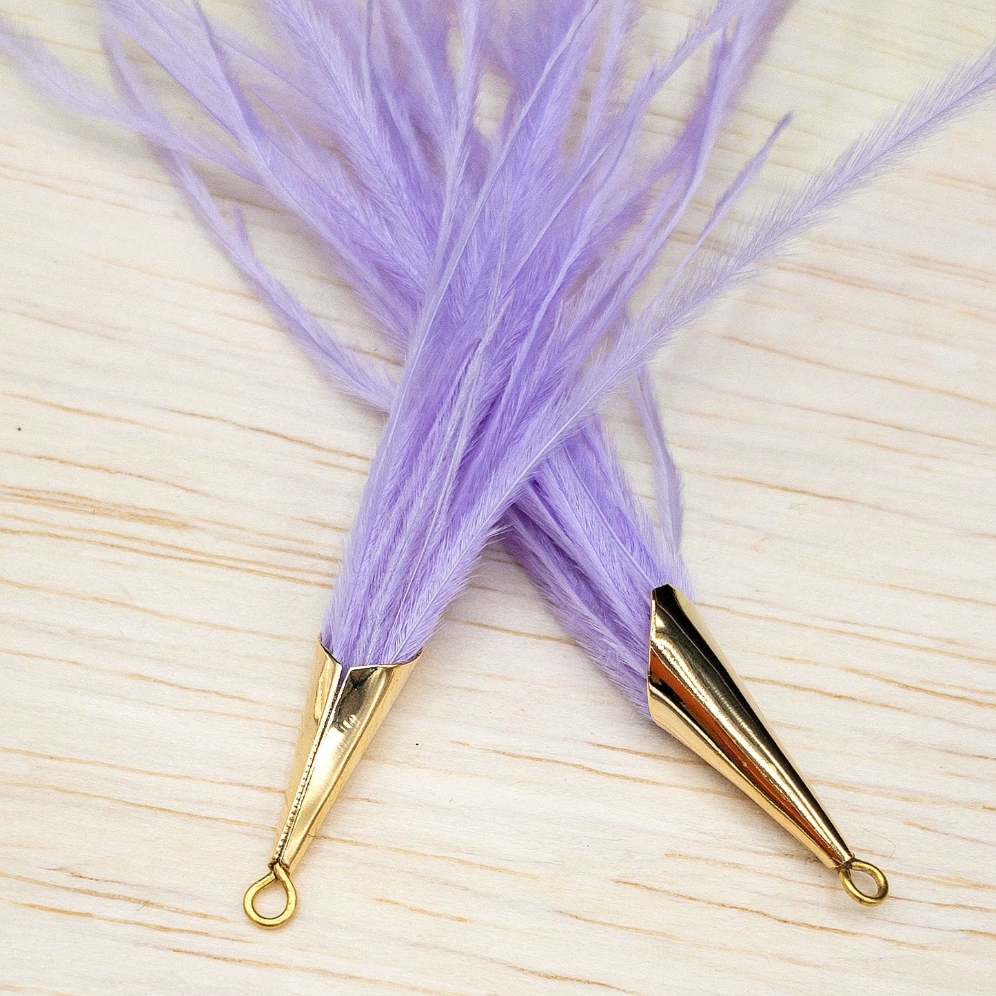 Ostrich Feather Jewelry Tassel Pendants in LIGHT PURPLE with Gold Cone Cap for Jewelry Making and Crafts, 2 PCs (FOC001-LP) - UniqueBeadsNY