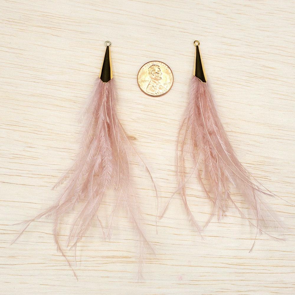 Ostrich Feather Jewelry Tassel Pendants in BROWN BLUSH with Gold Cone Cap for Jewelry Making and Crafts, 2 PCs (FOC001-BB) - UniqueBeadsNY