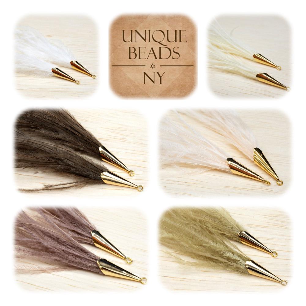 IVORY Ostrich Feather Jewelry Tassel Pendants in IVORY with Gold Cone Cap for Jewelry Making and Crafts, 2 PCs (FOC001-IV) - UniqueBeadsNY