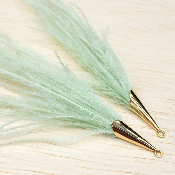Ostrich Feather Jewelry Tassel Pendants in LIGHT GREEN with Gold Cone Cap for Jewelry Making and Crafts, 2 PCs (FOC001-LG)