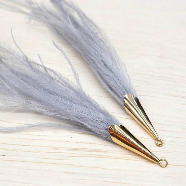 Ostrich Feather Jewelry Tassel Pendants in GRAY with Gold Cone Cap for Jewelry Making and Crafts, 2 PCs (FOC001-GY)