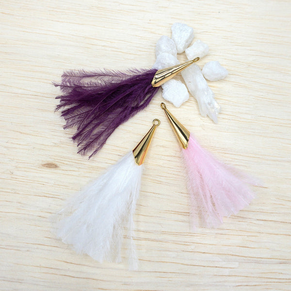 Trimmed Ostrich Feather Jewelry Tassel Pendants with Gold Cone Cap for Jewelry Making and Crafts, 6cm or 2.5", 2 PCs (FOC002)