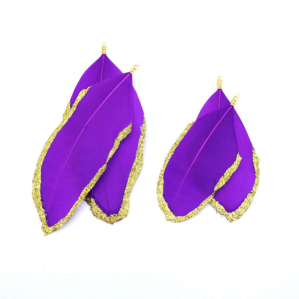 Feather Pendant in PURPLE with Dipped Gold Glitter and Connector Cap for Jewelry or Craft, 2 PCs (FG002-PP)