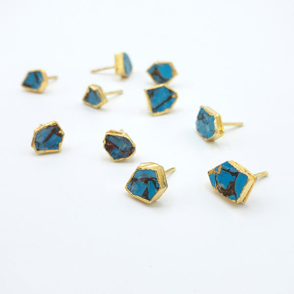 Raw TURQUOISE Stud Earrings, DECEMBER Birthstone Earrings with 18K Gold Plated 925 Silver Post Earrings, Gift for Her, 2 PCs