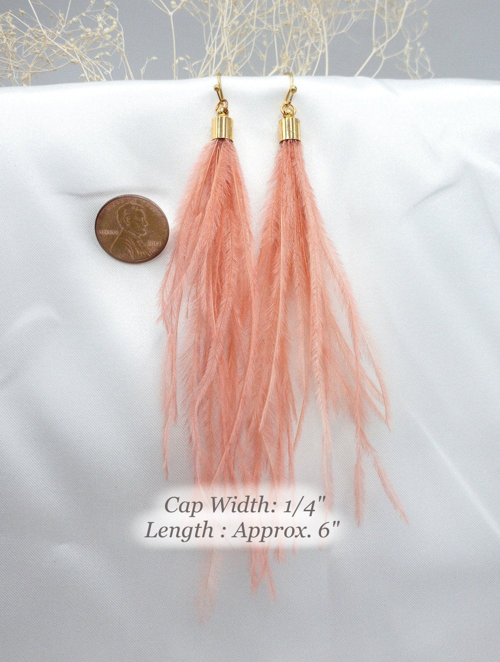Ostrich Feather Earrings, Long Feather Earrings, Boho Feather Earrings in Beige, Brown and Coral Colors. (E016-G) - UniqueBeadsNY