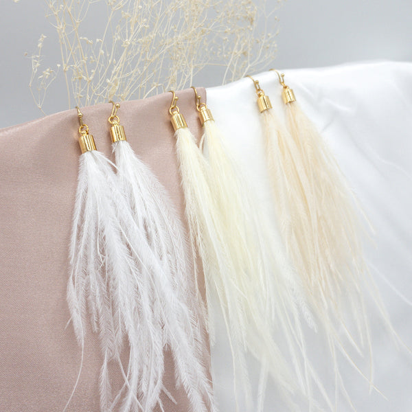 Ostrich Feather Earrings, Long Feather Earrings, Boho Feather Earrings in White, Ivory and Champagne Colors. (E016-G)