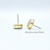 White Druzy Gemstone Earring Studs in 14K Gold and 304 Stainless Steel Posts, Gemstone Stud Earrings, 2 PCs