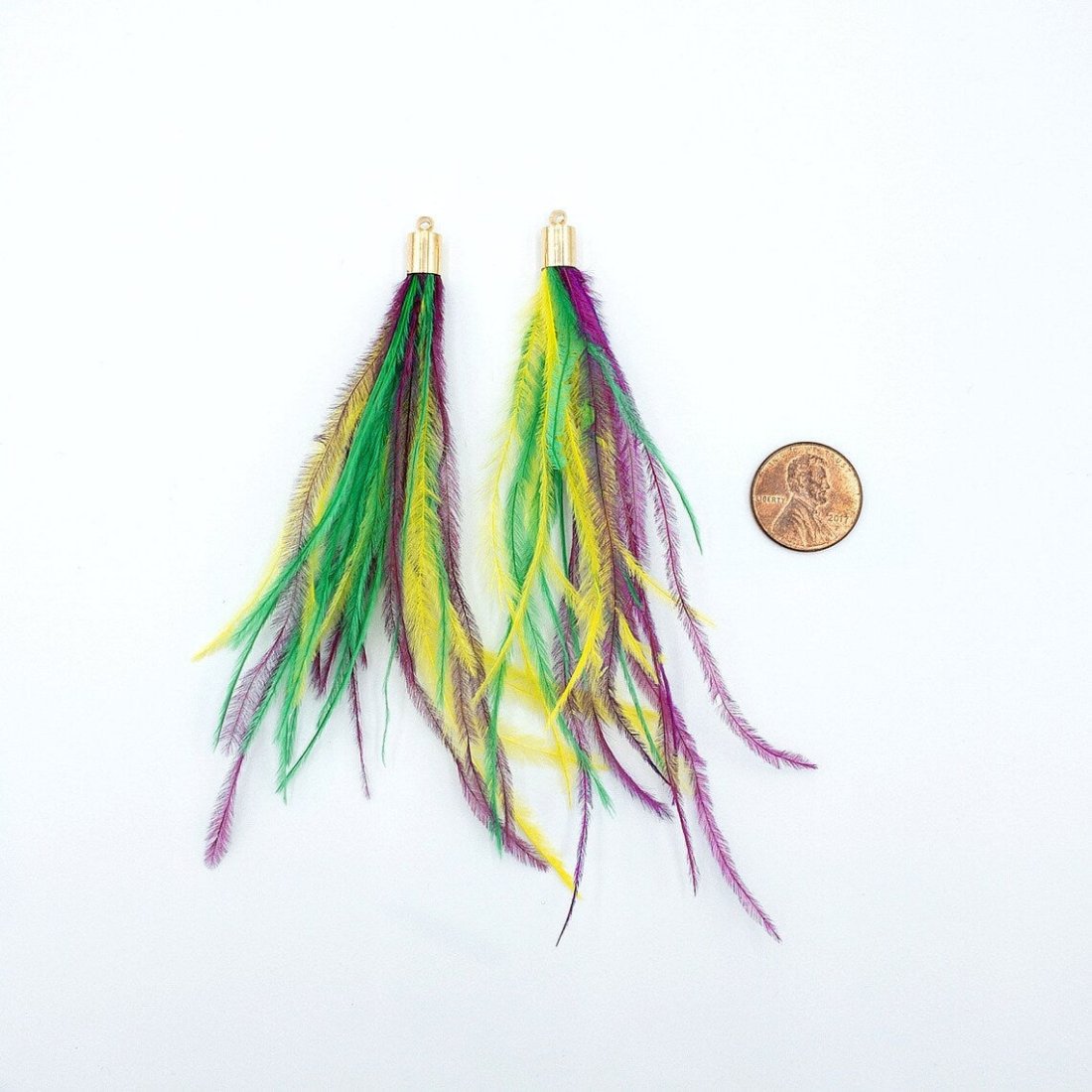 Ostrich Feather Jewelry Tassel in Bright MARDI GRAS Theme, for Jewelry Making and Crafts, 2 PCs (FOBS001-BMG) - UniqueBeadsNY