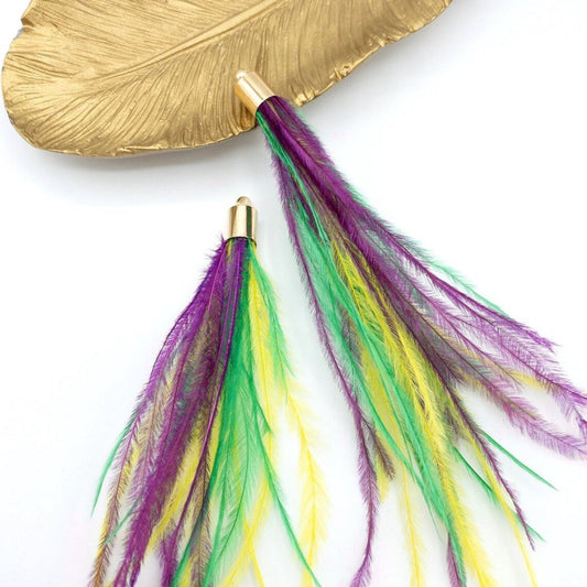 Ostrich Feather Jewelry Tassel in Bright MARDI GRAS Theme, for Jewelry Making and Crafts, 2 PCs (FOBS001-BMG) - UniqueBeadsNY