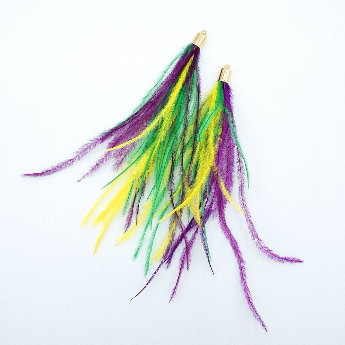 Ostrich Feather Jewelry Tassel in Bright MARDI GRAS Theme, for Jewelry Making and Crafts, 2 PCs (FOBS001-BMG) - UniqueBeadsNY