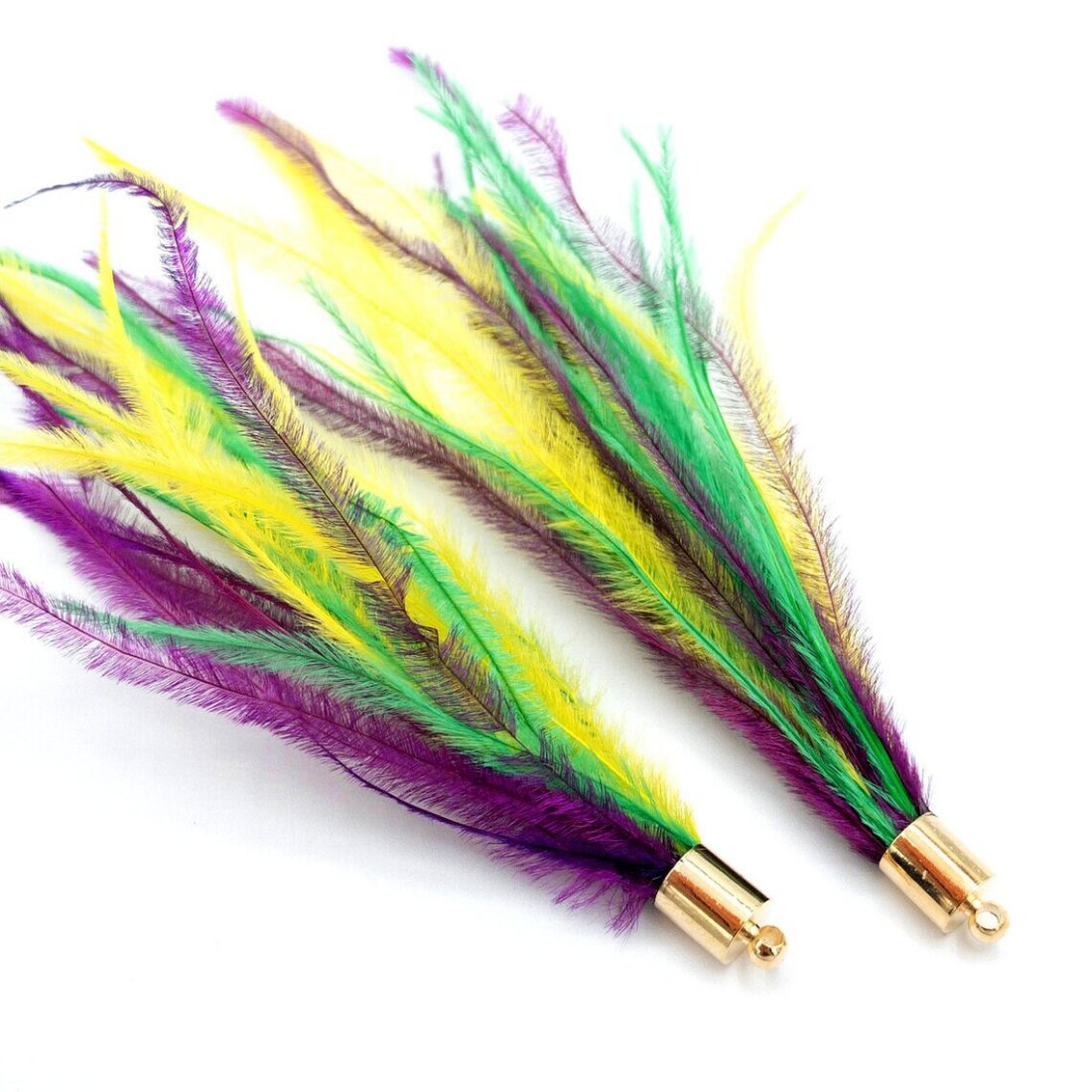 Ostrich Feather Jewelry Tassel in Bright MARDI GRAS Theme, for Jewelry Making and Crafts, 2 PCs (FOBS001-BMG) - UniqueBeadsNY