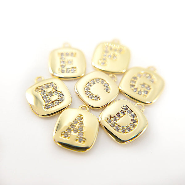 Alphabet Charms, CZ Initial Charms, Square Letter Charms for Jewelry Making, Small Letter Pendants, 18K Gold Plated, Nickel Free (P011G)