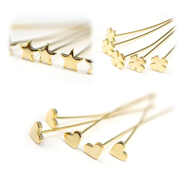 Head Pins for Jewelry Making, Heart Head Pins, Star Head Pins, Clover Head Pins, 50mm Long in 18K Gold Plating, Lead & Nickel Free (F002)