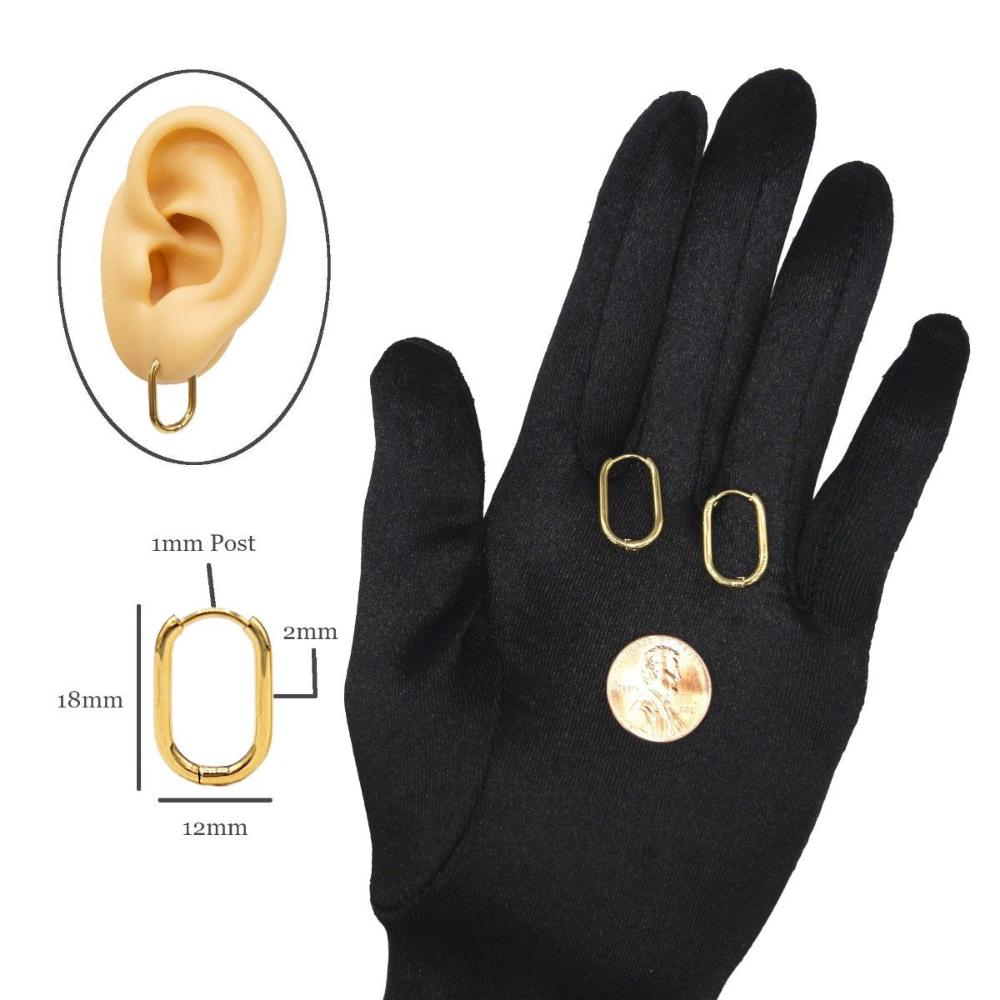 Huggie Hoop One-Touch Surgical Stainless Steel Earrings, PVD Plating Gold Hoop Earrings, Rectangle/ Oval Shape Hoop Earrings (STER-0023G) - UniqueBeadsNY