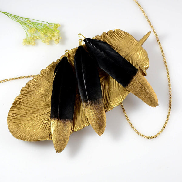 Feather Jewelry Pendants in Black with Gold Dipped Tip and Metal Connector Cap for Jewelry and Crafting, 2 PCs, CLEARANCE (FD001-BK)