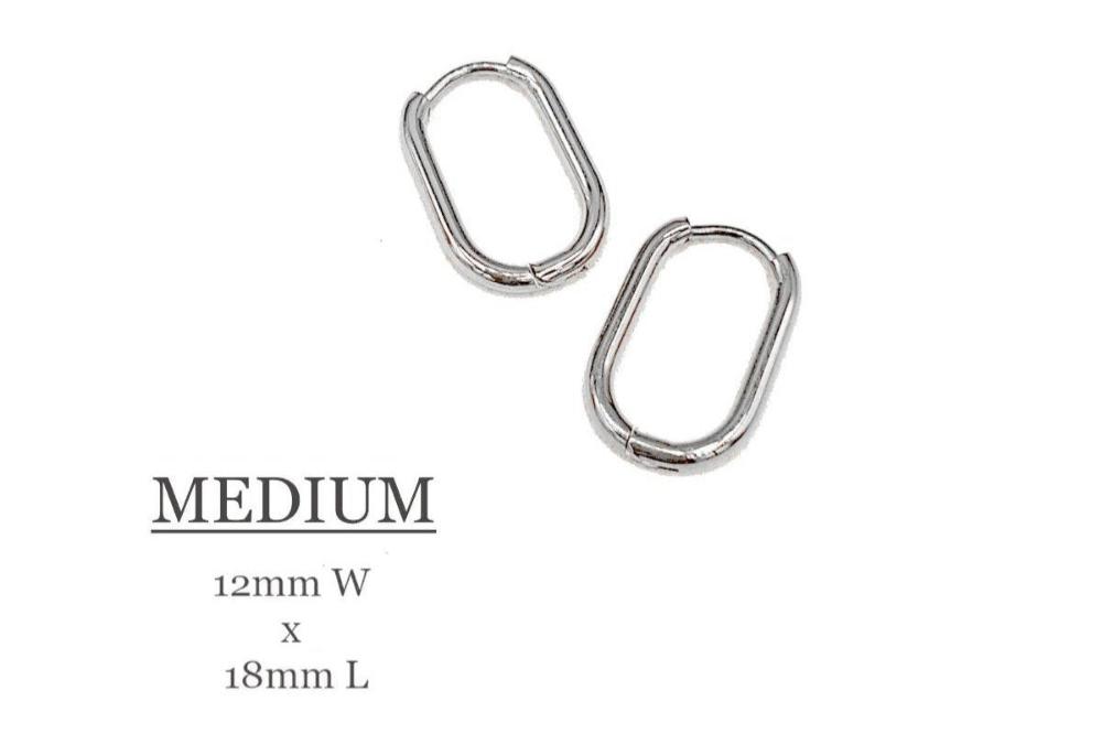 Huggie Hoop One-Touch Surgical Stainless Steel Earrings, 316L Silver Hoop Earrings, Rectangle/ Oval Shape Hoop Earrings (STER-0023S) - UniqueBeadsNY