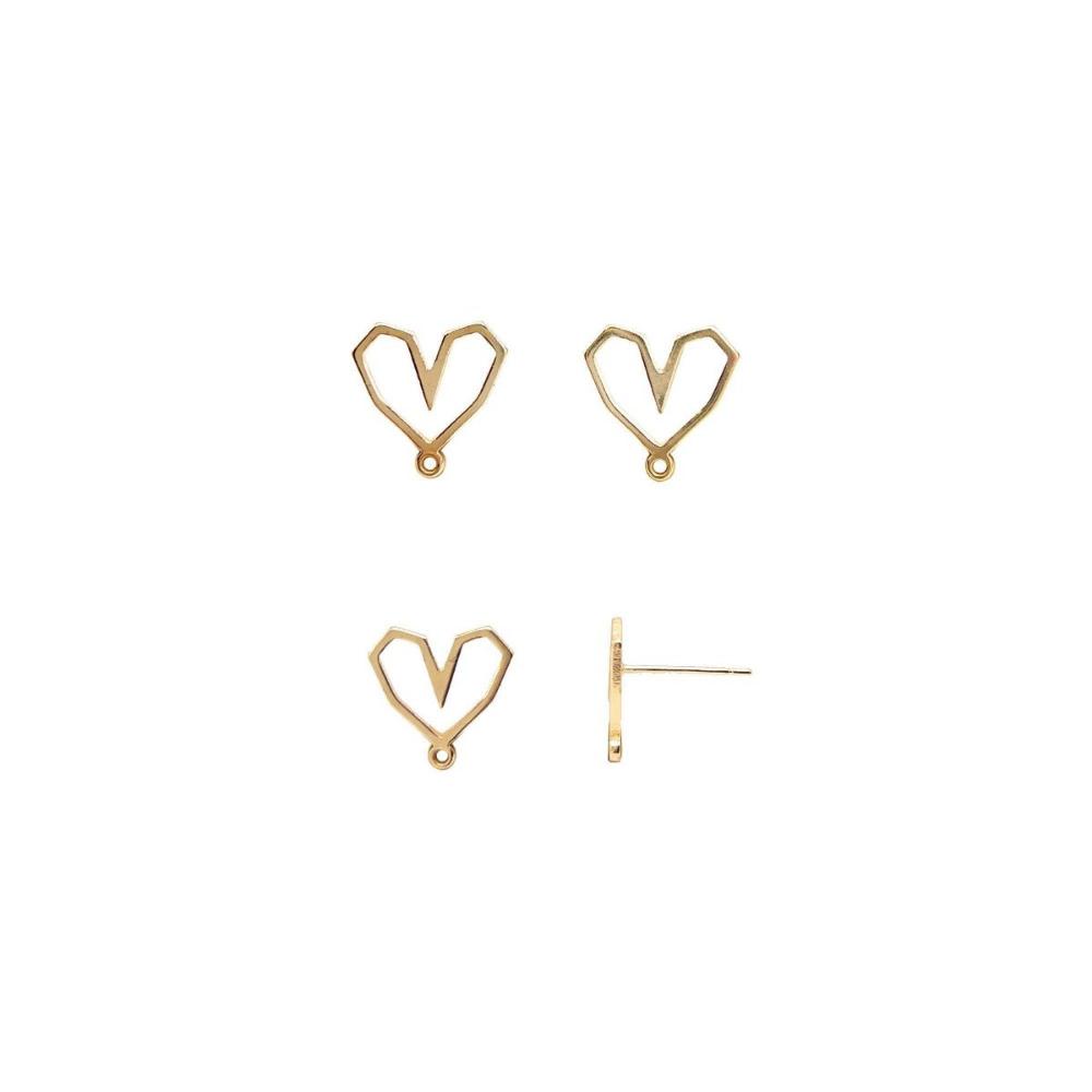 Geometric Hollow Heart Stud Earring with Loop, Small Heart Earring Findings, Lead & Nickel Free with 14K Gold Plating, Wholesale Welcome - UniqueBeadsNY